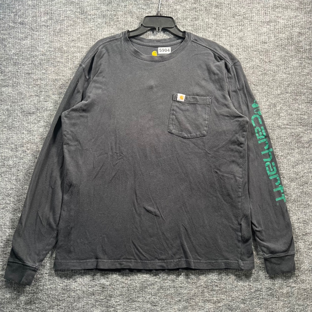 Carhartt Mens Large Black Long Sleeve Pocket T-Shirt Green Sleeve Logo Graphic